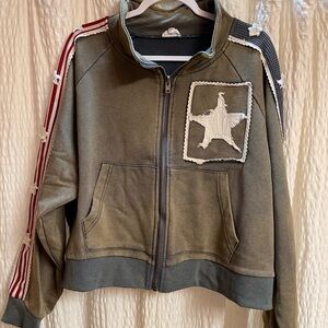 POL Olive Green Zip-Up Star Patch Sweatshirt with Red Stripe Detail
